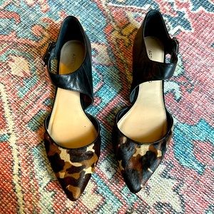 Arturo Chiang animal print flats with cut outs and metal buckle.